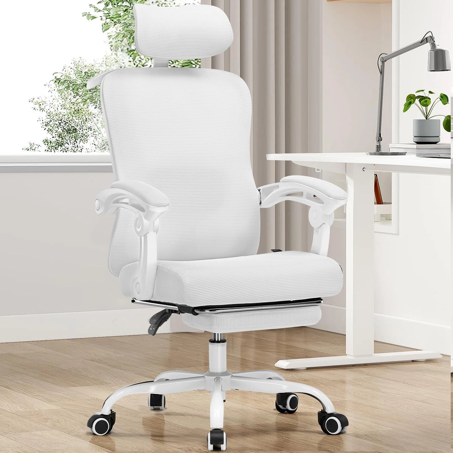 Office Chair: High Back Ergonomic W/ 3D Adjustable Lumbar, Headrest, Footrest, Reclining Mesh & Linkage Armrest