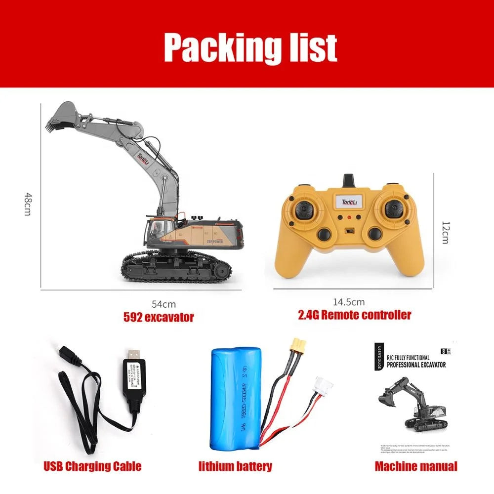 Mexico Stocks Huina 1592/1593/1594 Metal  1/14 Scale RC Excavator Remote Control Digger Construction Vehicle Model