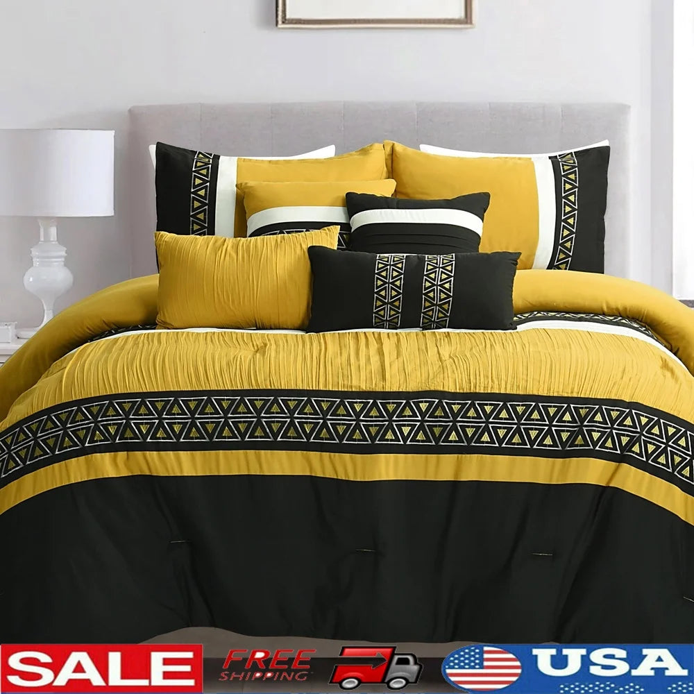 Luxurious 7 Piece Yellow Embroidered Queen Bedding Set Modern Comforter Soft Microfiber Hypoallergenic Machine Washable Perfect
