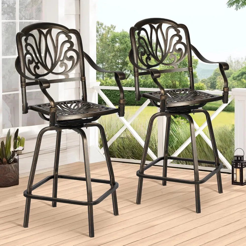 Outdoor Cast Aluminum Swivel Bar Stools Set of 2, Patio Height Bartools Chairs, 2 Piece Patio High Dining Bistro Chairs