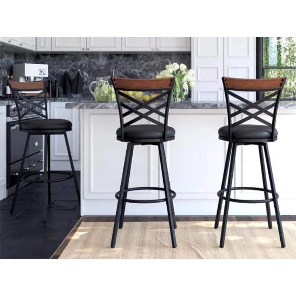 Black Bar Stools Set of 2 - Rustic Wood & Metal Swivel Barstools with Curved Backrest, 360° Rotation, Adjustable Height Dining