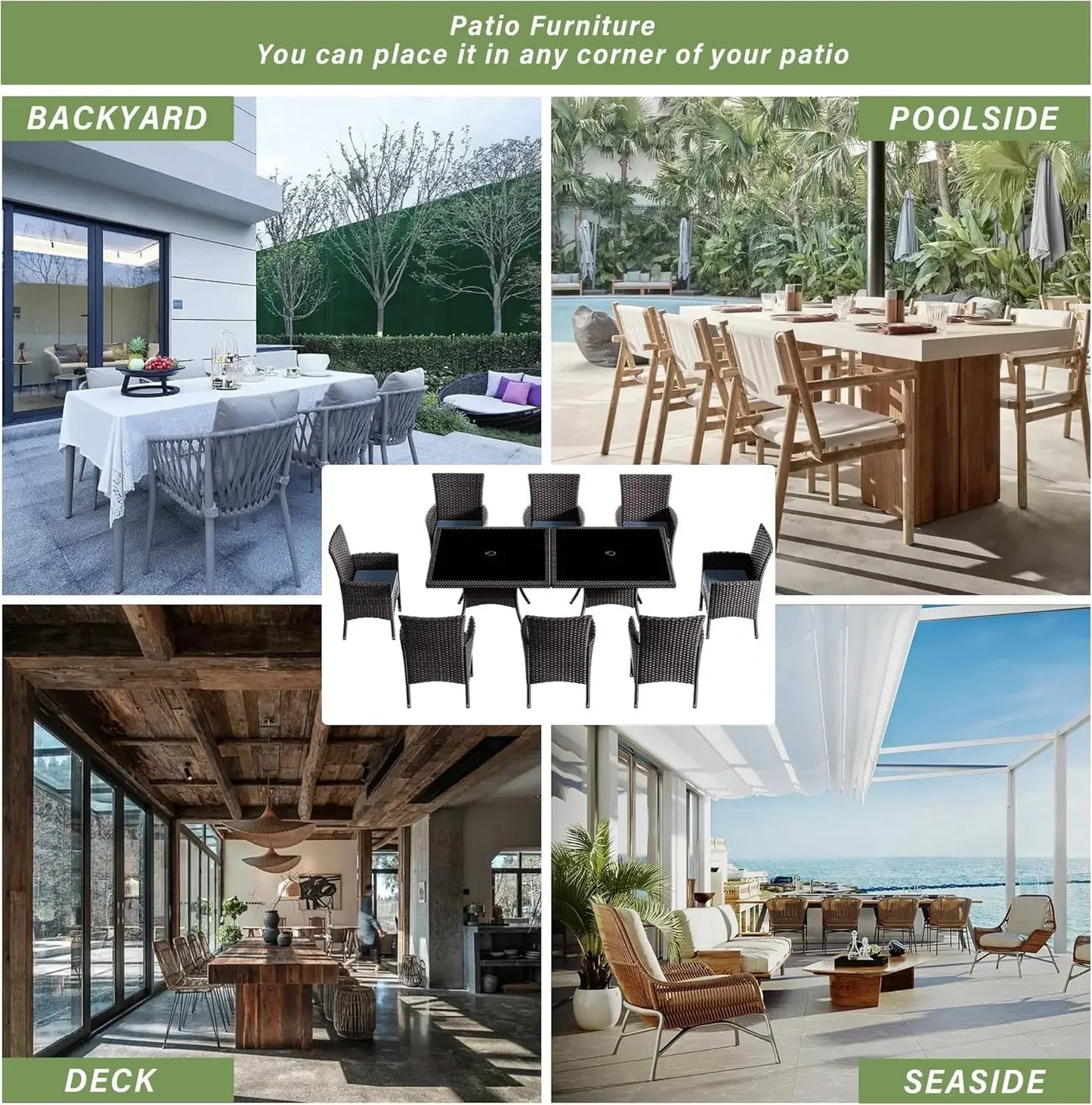 10 Pieces Dining Sets for 8 with Rattan Dining Set Chairs x8 and Square Table Glass Topx2 with Umbrella Cutout, Outdoor