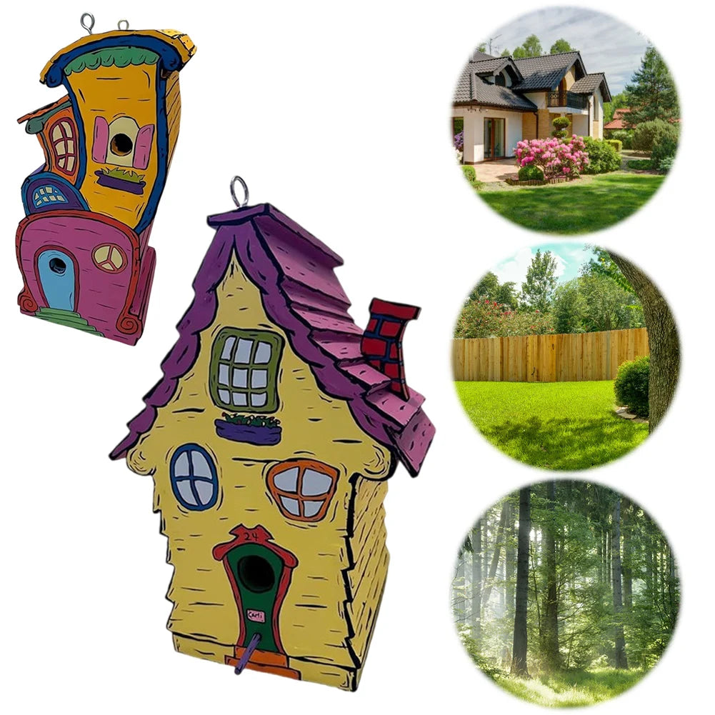 Cartoon Paint Bird Nest with Perch Handmade Bird House Cute Small Nesting Box Warm Bird Resting Place for Home Garden Decor