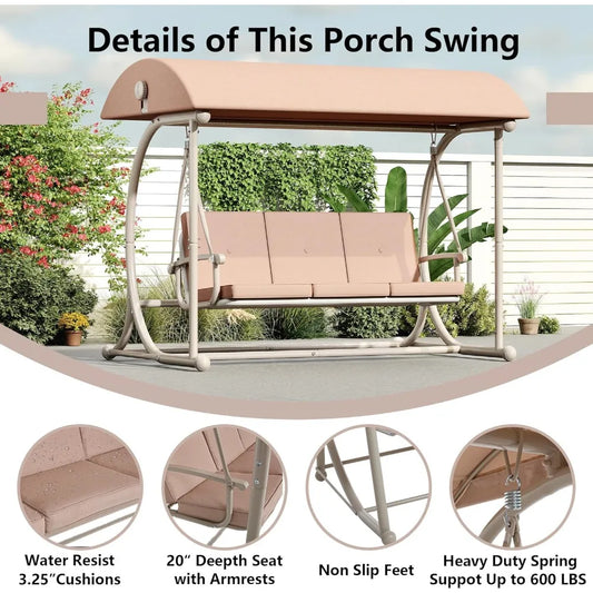 Modern Porch Swing with Stand, 3 Person Outdoor Patio Swings with Canopy, All Weather Backyard Swing for Adults, 2 in 1 Patio Sw