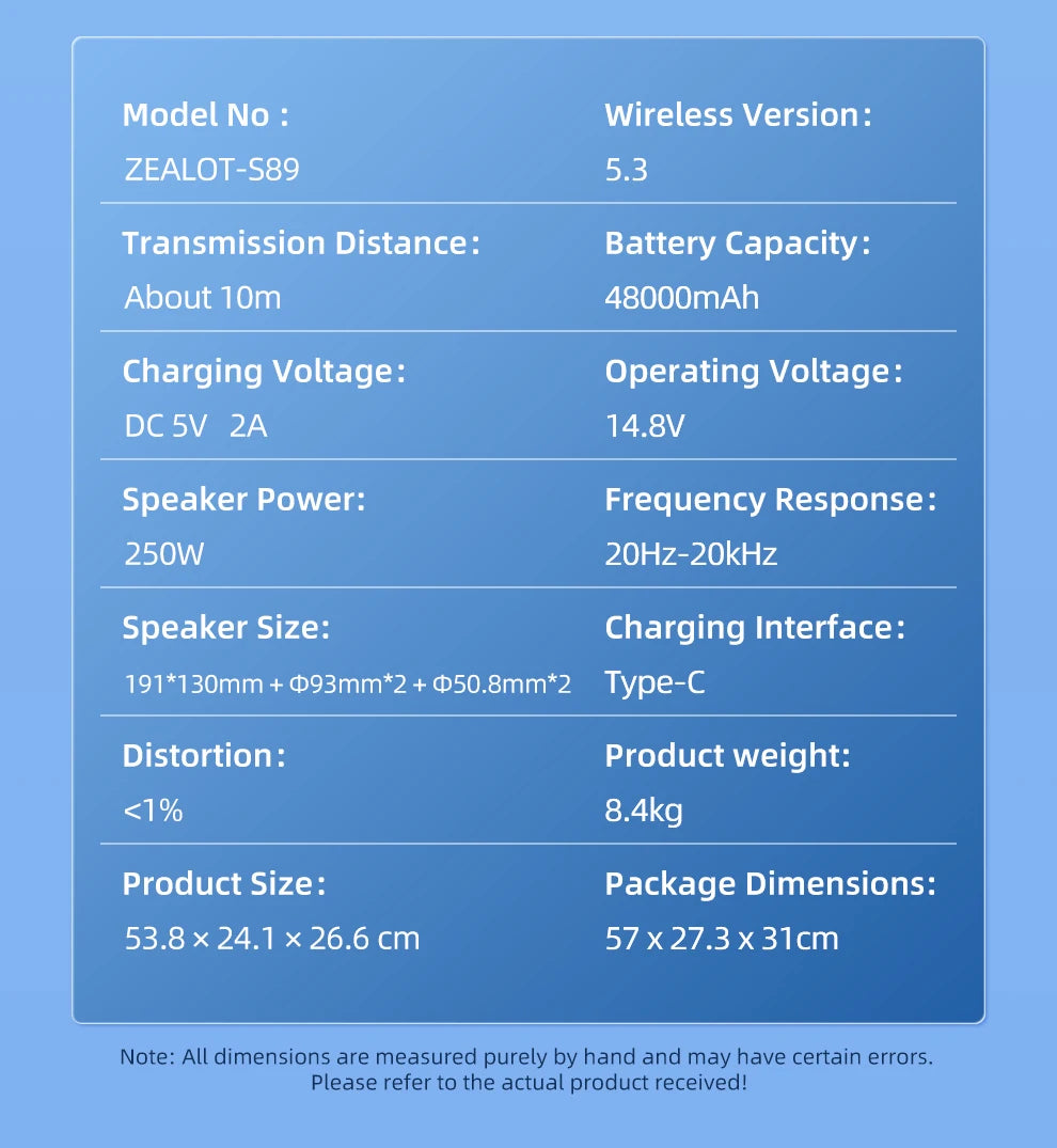 Zealot S89 250W Portable Bluetooth Speaker High Volume Waterproof 48000mAh Wireless TWS Subwoofer Suporrt USB/TF/AUX RGB light.
