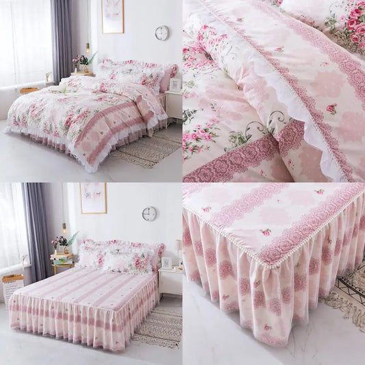 Elegant Floral Print Bedding Set, Rustic Style, Princess Lace Ruffle Duvet Cover for King, Queen, and Full Sizes