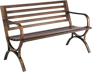 Outdoor Bench, 50 inch, Carbon Steel Metal Frame with Slatted Pattern Backrest and Round Edge Armrests, Weatherproof Outside Be