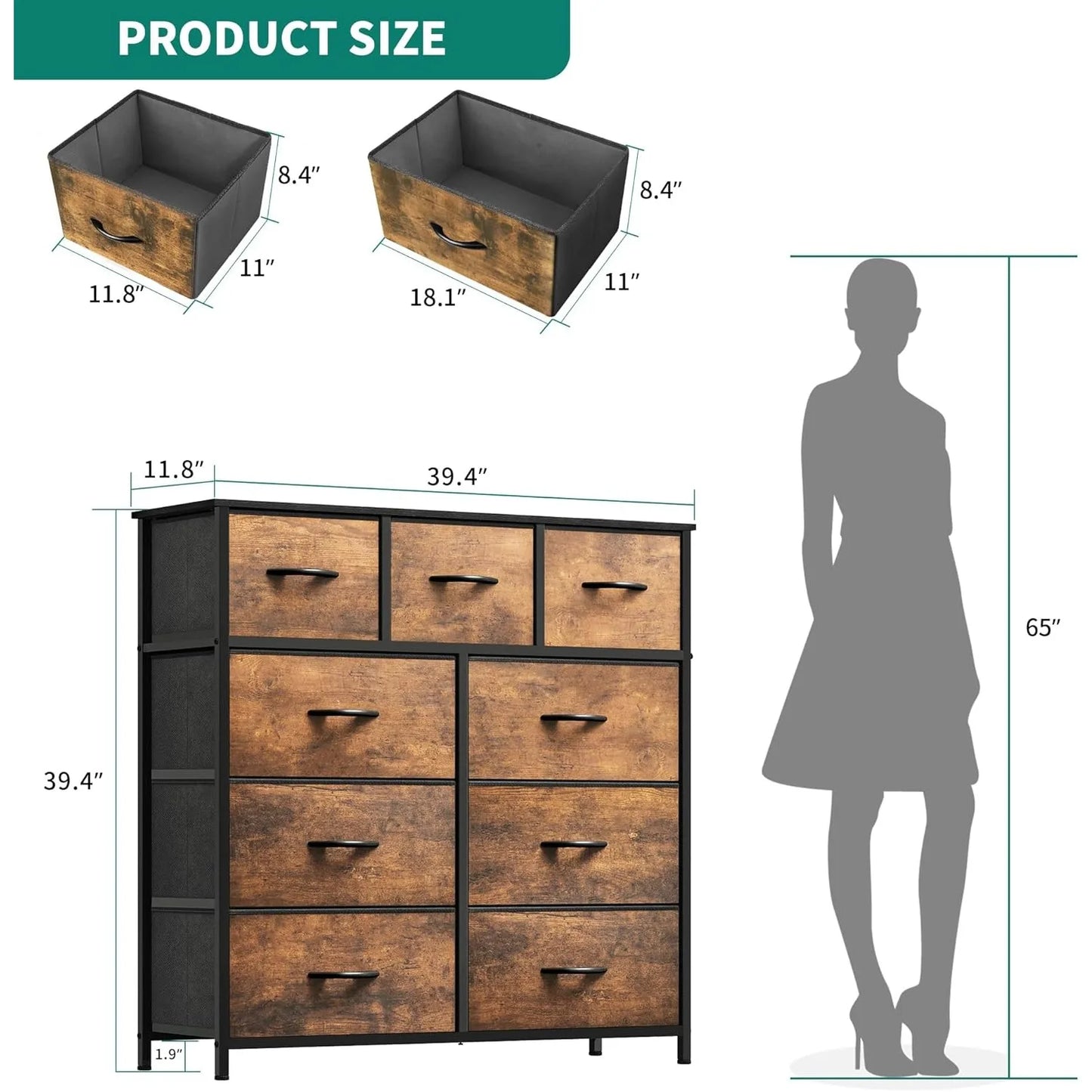 Dresser for Bedroom with 9 Drawers - Fabric Storage Tower, Tall Chest Organizer Unit for Living Room, Entryway, Closets, Brown