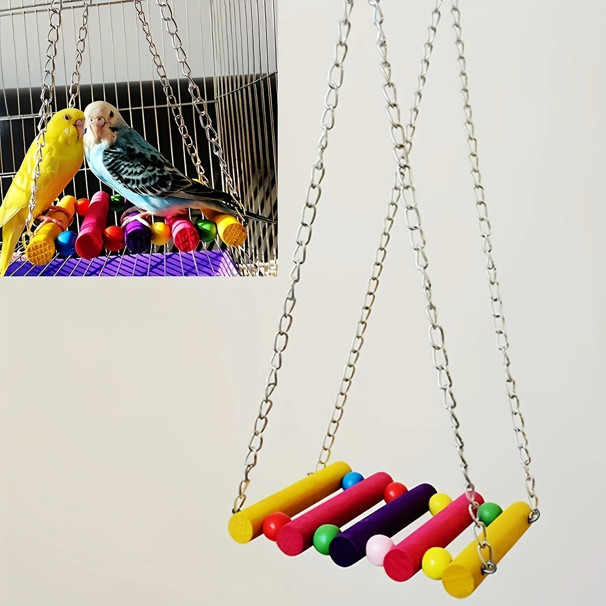 1 piece of colorful wooden bird chair toy with chain - anti-gnaw parrot bridge ladder, vitality pendant cage accessory for small