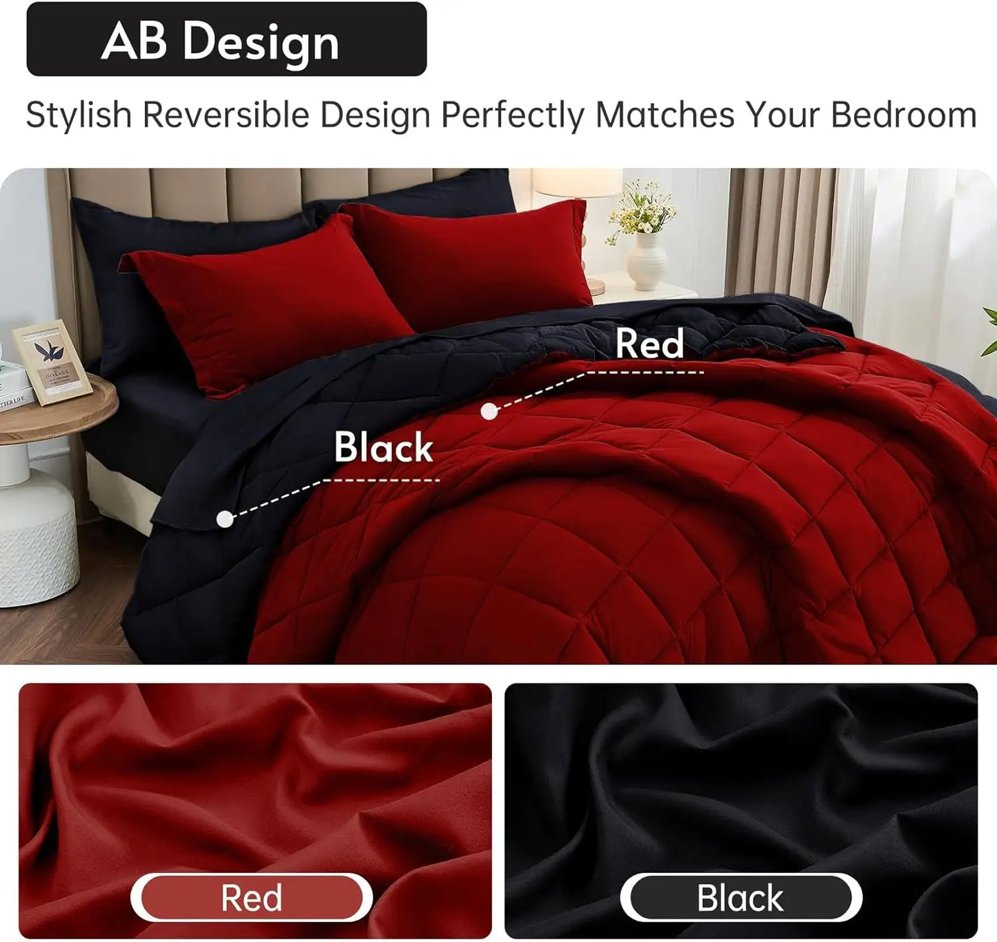 Reversible Comforter Set Queen/King Size, All Season Bedding Set with Ultra Soft Comforter, Pillow Shams, Red & Black