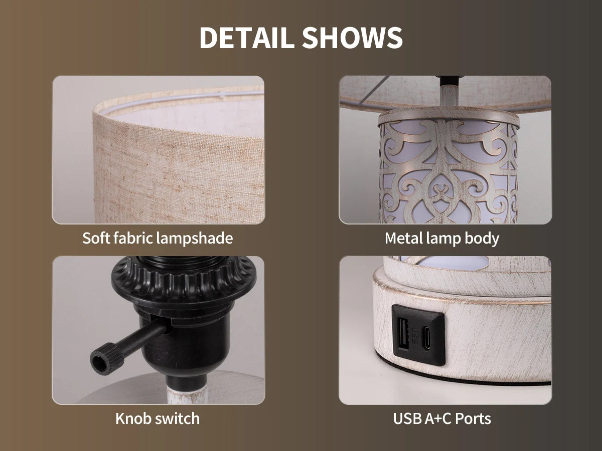 Retro Farmhouse Table Lamp with Multi-Function and Dimmable, Two Packs + 2 USB Ports with Night Light for Living Room, Bedroom and Bedside Table Study, Including Bulb