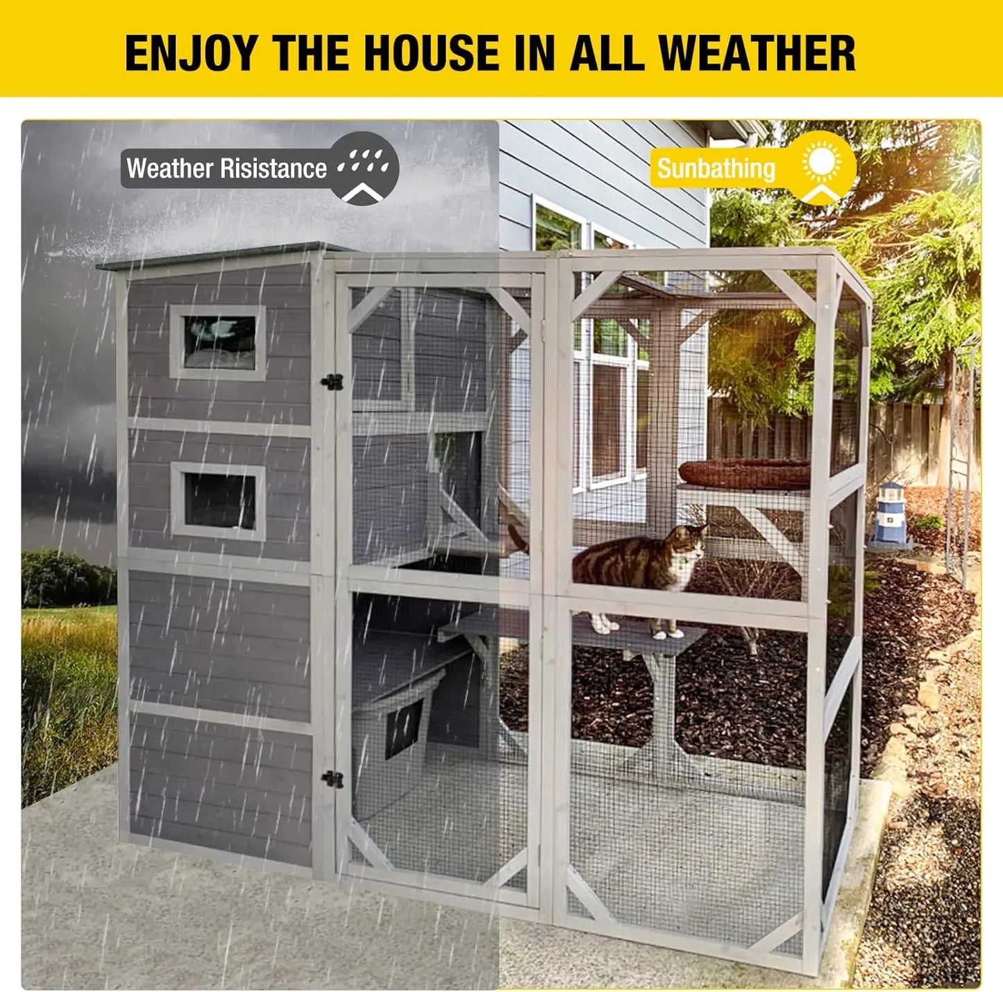 Large Cat Catio 4 Tiers Cat Enclosures House for Outdoor Indoor Cats with Weatherproof Roof,  5 Windows 70" H 77" L