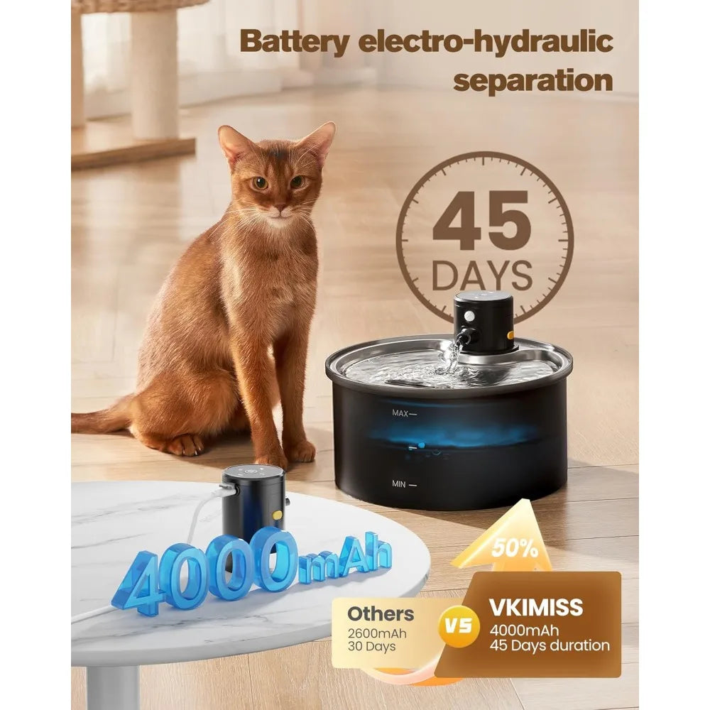 Wireless Cat Water Fountain Cordless: Battery Operated Cat Fountain - 108oz/3.2L Automatic Pet Water Dispenser Rechargeable Drin