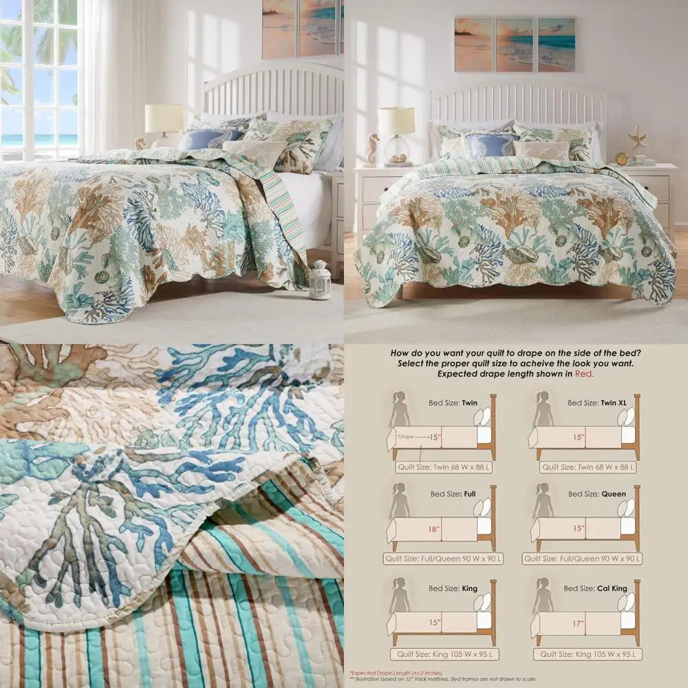 Coastal Sea Coral Pattern Reversible Quilt Set, 4-Piece, Twin/XL Size, Jade Green, Oversized Comfort