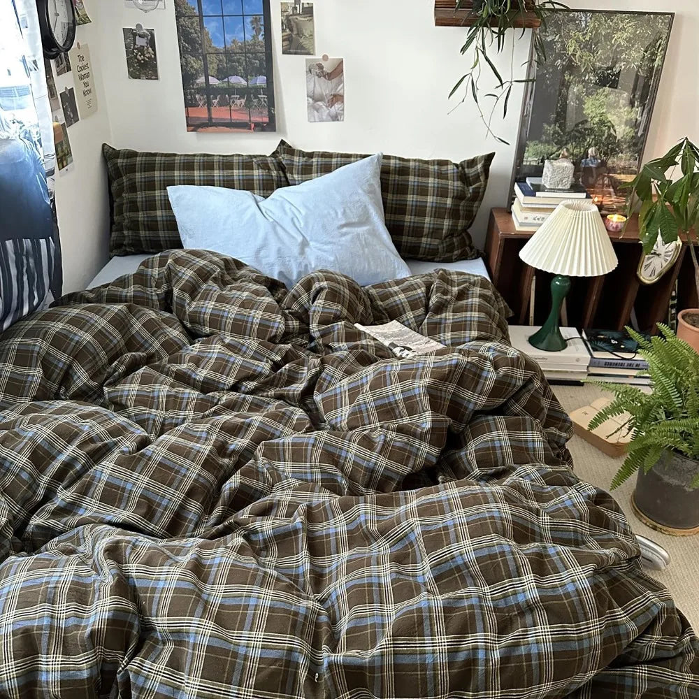 Queen Size Blue, Brown & Green Buffalo Plaid Duvet Cover Set - 3 Piece Vintage Aesthetic Bedding Set, 100% Washed Cotton, M