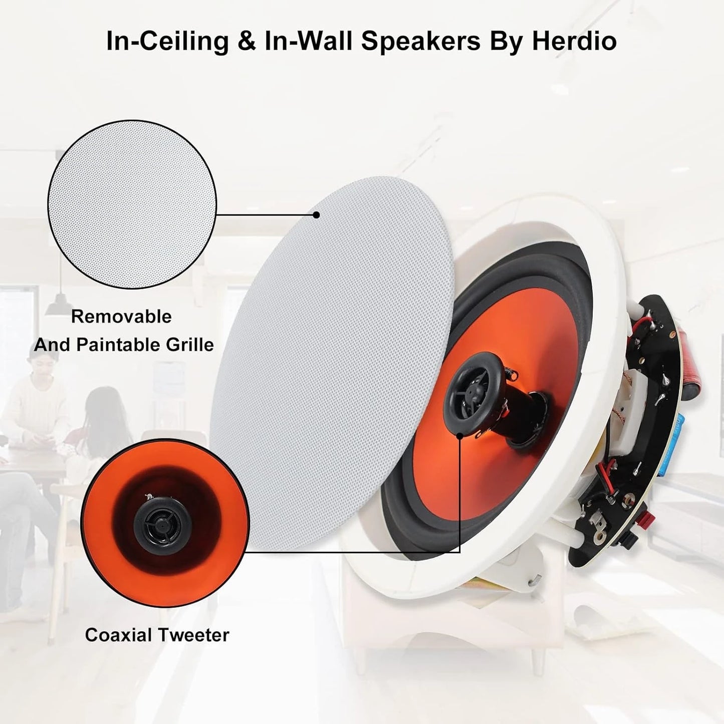 Herdio 4PCS 6.5" 4PCS Bluetooth In Ceiling Speakers 600W 2-Way Flush Mount Speakers System With Wall Amplifier Receiver For Home