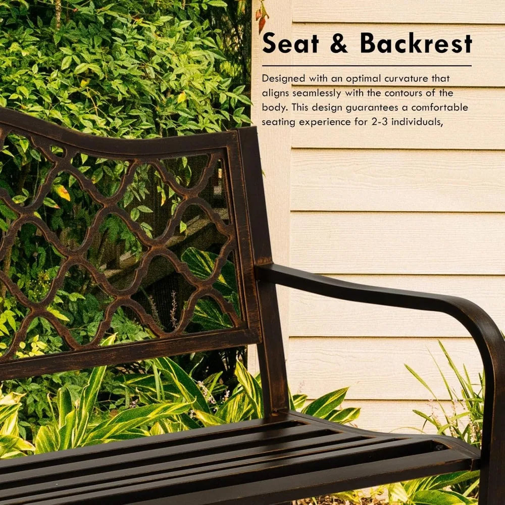 Outdoor Metal Bench, Outdoor Garden Bench with Decorative Backrest, Ideal Outdoor Patio Bench for Yard Porch Lawn & Park - Durab