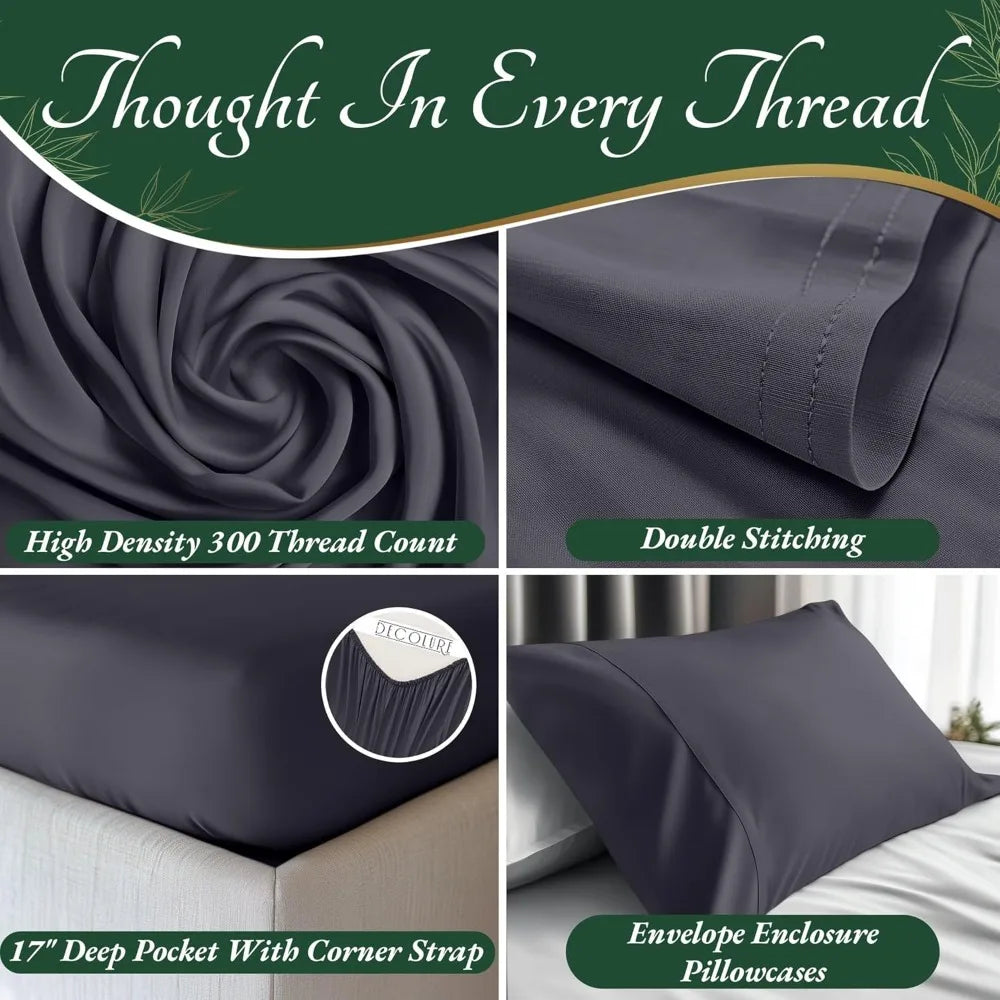 DECOLURE 100% Viscose Derived from Bamboo Sheets King Size 6pcs - Ultra Soft & Luxuriously Cooling, 17 Deep Pocket, Double Stitc