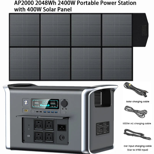 2400W /1600W / 500W Portable Power Station, 2048Wh / 1024Wh /345Wh Lifepo4 Battery with 400W / 200W / 100W Foldable Solar Panel