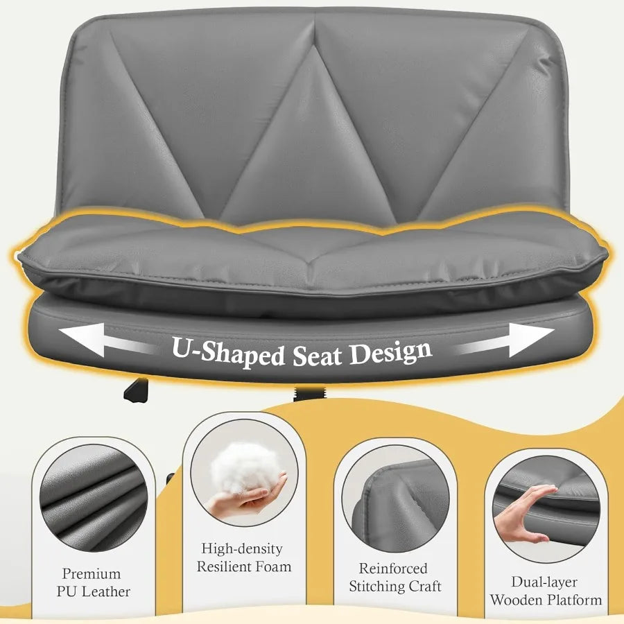 Armless 25.5 Wide Criss Cross Chair with Wheels Leather Cross Legged Office Chair with 2Layer Cushion Swivel Modern Home Office