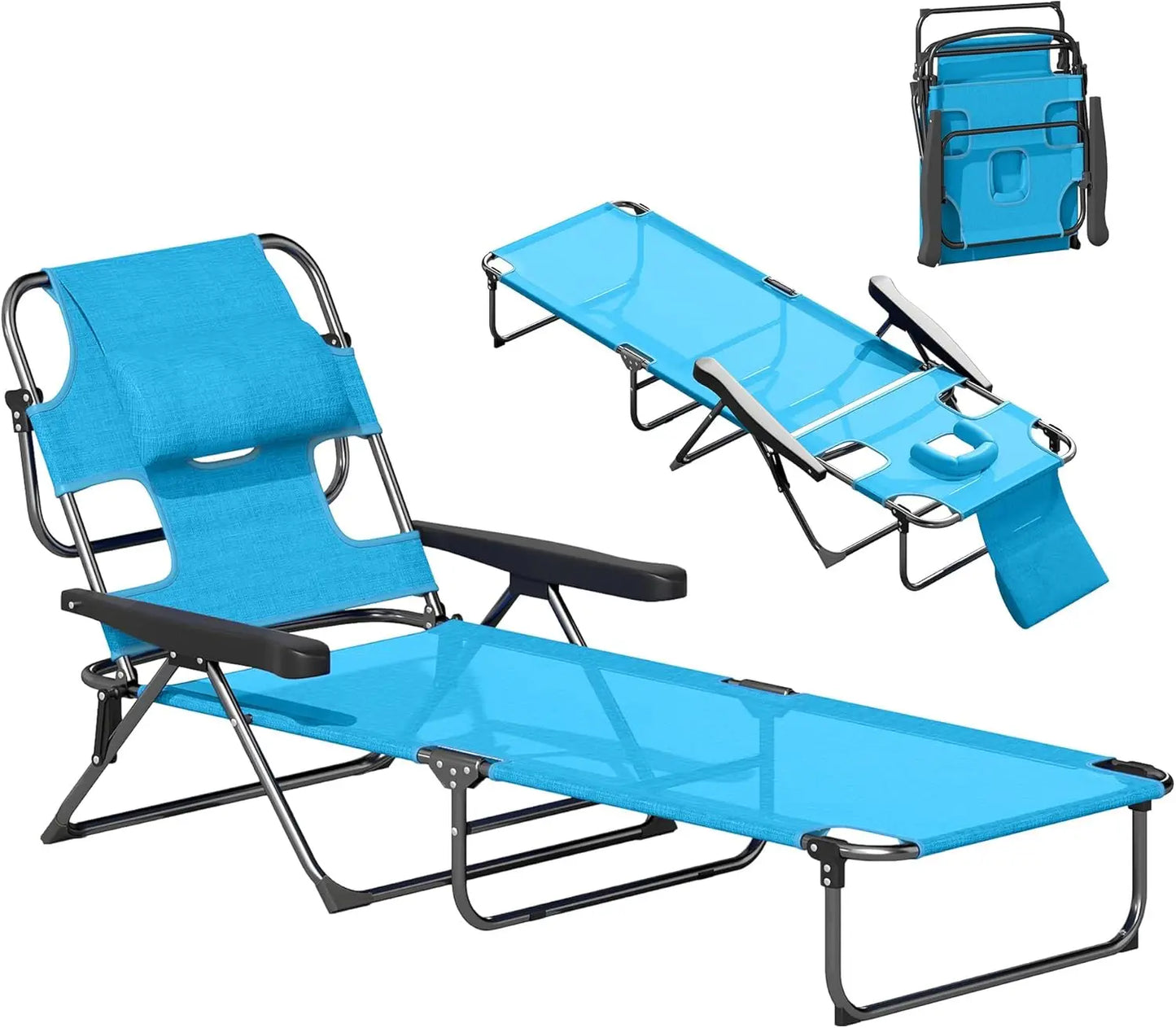 4-Position Beach Chair with Face & Arm Holes, Pillow headrest, Adjustable Sunbathing Chair, Gray