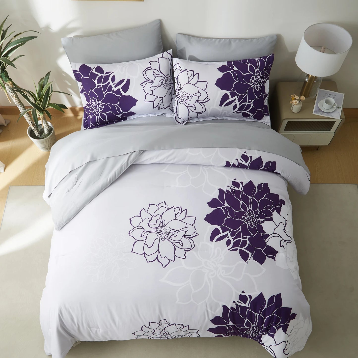 Comforter Set - 7 Pieces Floral Bedding Sets with Reversible Botanical Flowers Comforter, Sheets, Pillowcases & Shams
