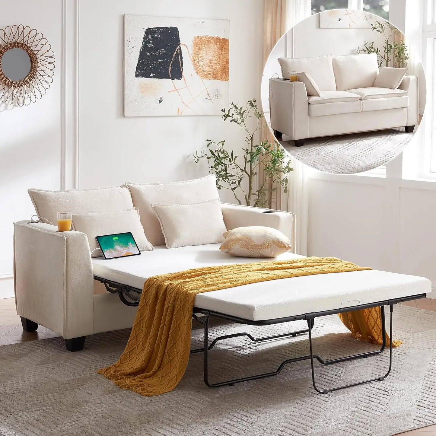 Pull Out Sofa Bed, Sleeper Sofa Couch,Convertible Chenille Loveseat with USB Charging Port and Memory Foam Mattress