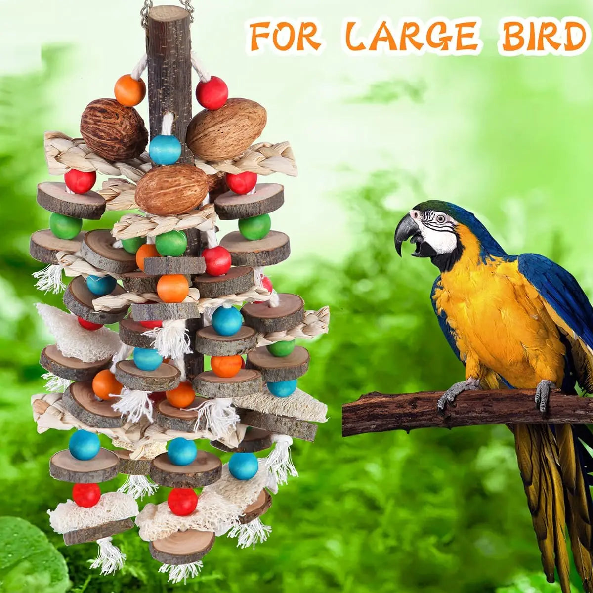 Large parrot toy, bird chew toy, natural nut, corn, loofah, wooden birdcage toy