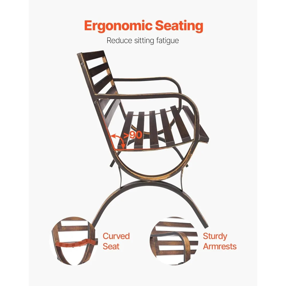 Outdoor Bench, 50 inch, Carbon Steel Metal Frame with Slatted Pattern Backrest and Round Edge Armrests, Weatherproof Outside Be