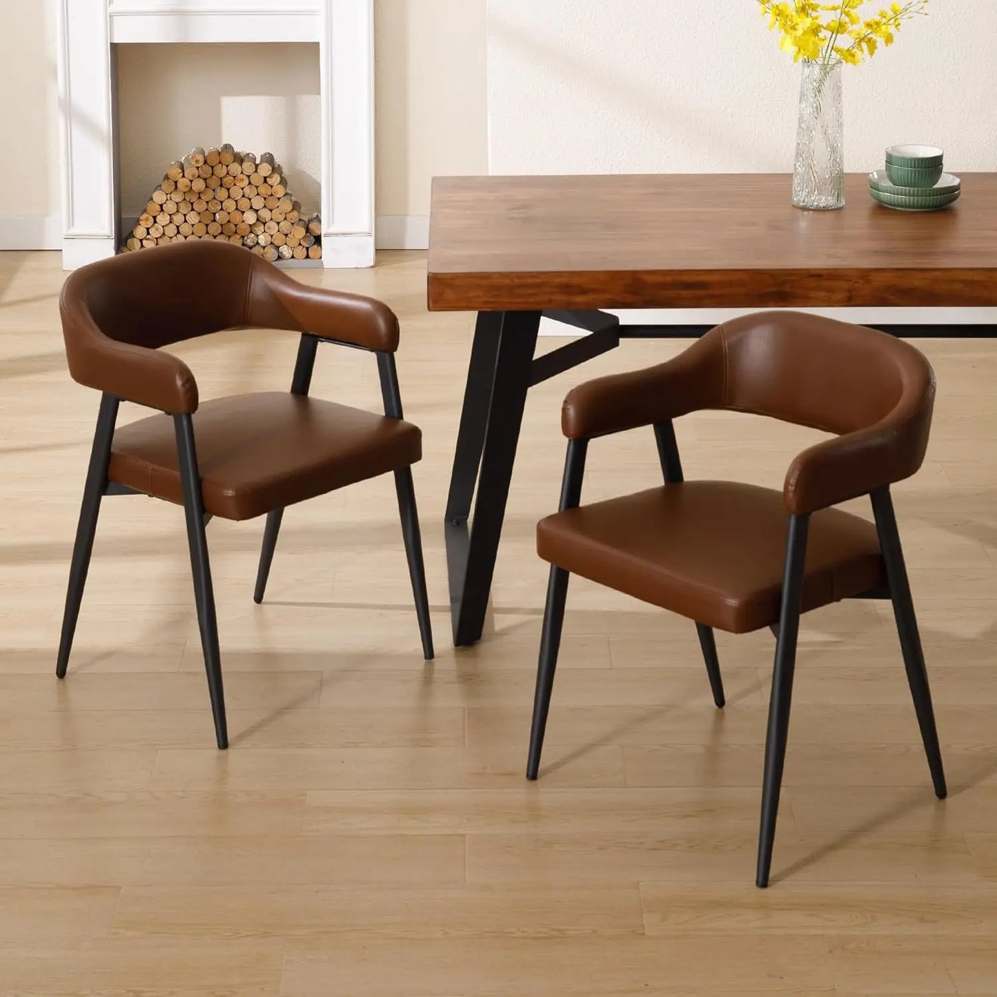 Leather Dining Chairs Set of 2 with Black Metal Legs, Mid Century Modern Kitchen Chairs with Curved Backrest