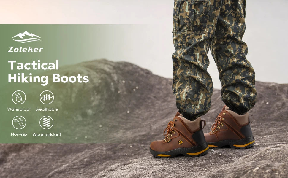 Zoleker Hike Boots for Men,Soft Toe, Slip Resistant Safety Shoes, Waterproof Anti-Fatigue Brown