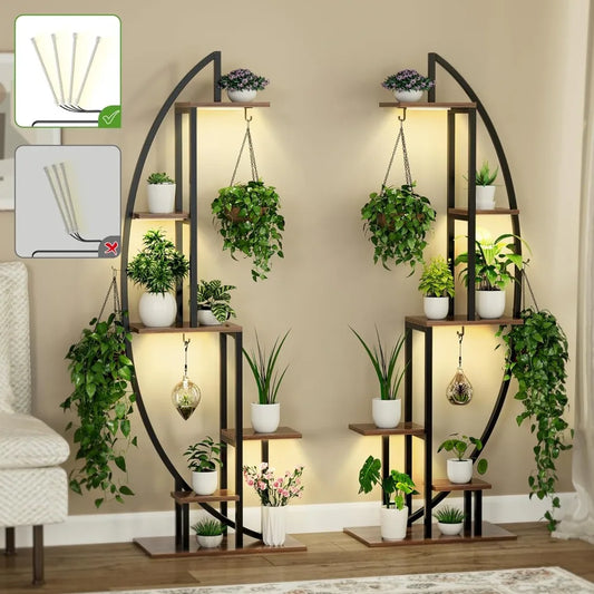 Indoor Tall Tree-Shaped Metal Plant Stand with Clearing Rack and Grow Lights