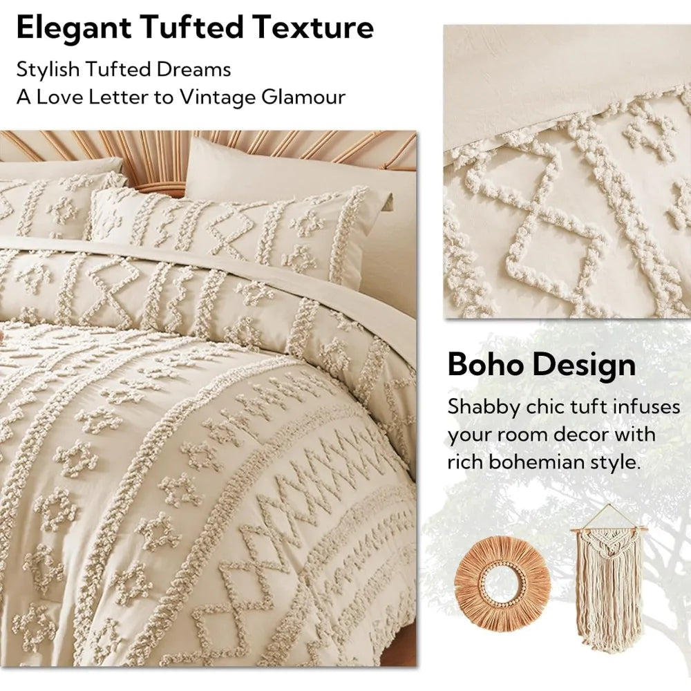 Beige Comforter Set Queen, Tufted Boho Bedding Set, Farmhouse Bed in a Bag Set 7 Pieces with 1 Comforter, 2 Pillow Shams