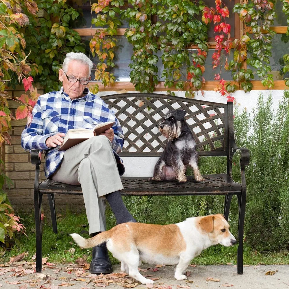 40.5" Patio Garden Bench,Anti- Rust Cast Iron Cast Aluminum Frame for Outdoor Path Yard Lawn Work Entryway Decor Deck (Brown)