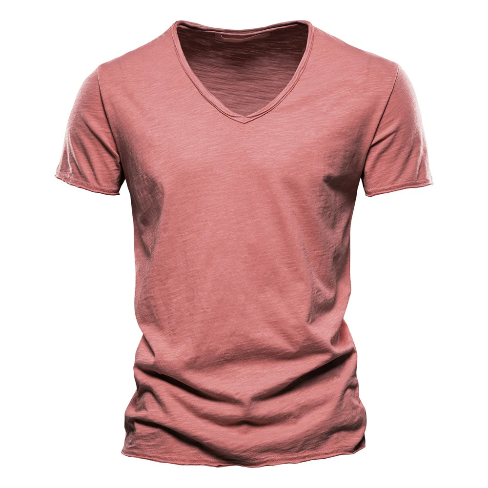 Brand Quality 100% Cotton Men T-shirt V-neck Fashion Design Slim Fit Soild T-shirts Male Tops Tees Short Sleeve T Shirt For Men