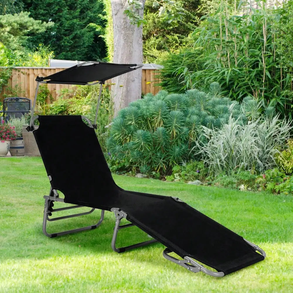 Foldable Lounge Chair Adjustable Outdoor Beach Patio Pool Recliner Black W/ Sun