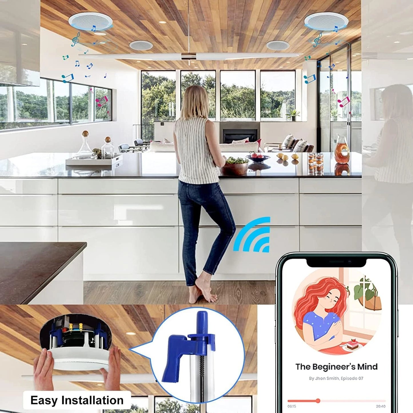 Herdio 5.25” 4PCS Flush Mount Bluetooth Ceiling Speaker System Max Power 600W Great For Humid Indoor Outdoor Kitchen Bedroom