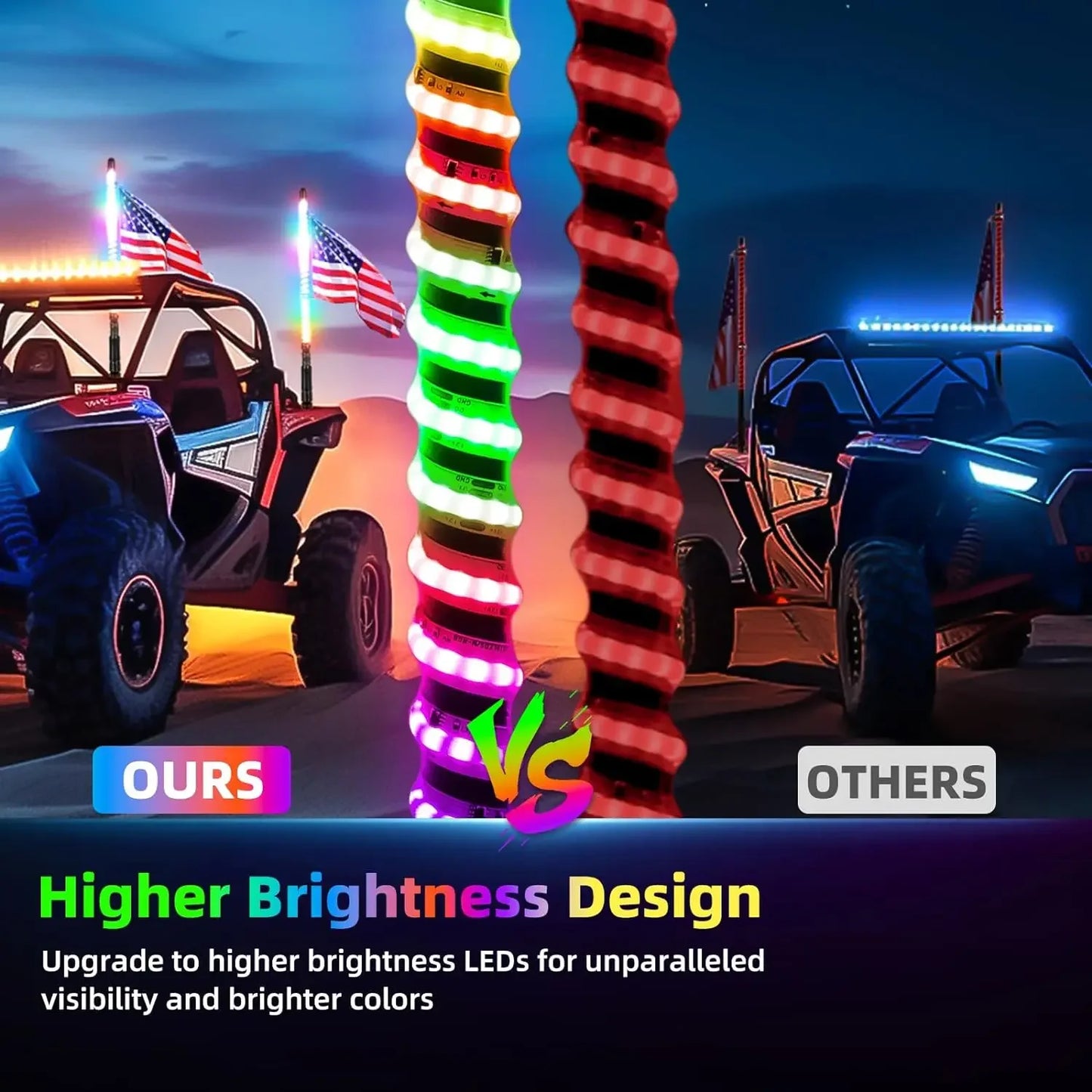 2PCS 2ft LED Whip Lights For UTV Colorful RGB Chasing/Dancing Light RGB Chasing Lighted Antenna Whips For ATV Truck