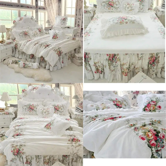 Vintage Rose Floral White Duvet Cover Set with Bed Skirt and Ruffle for Full-Size Beds, Chic Shabby Style Cotton Bedding for Gir