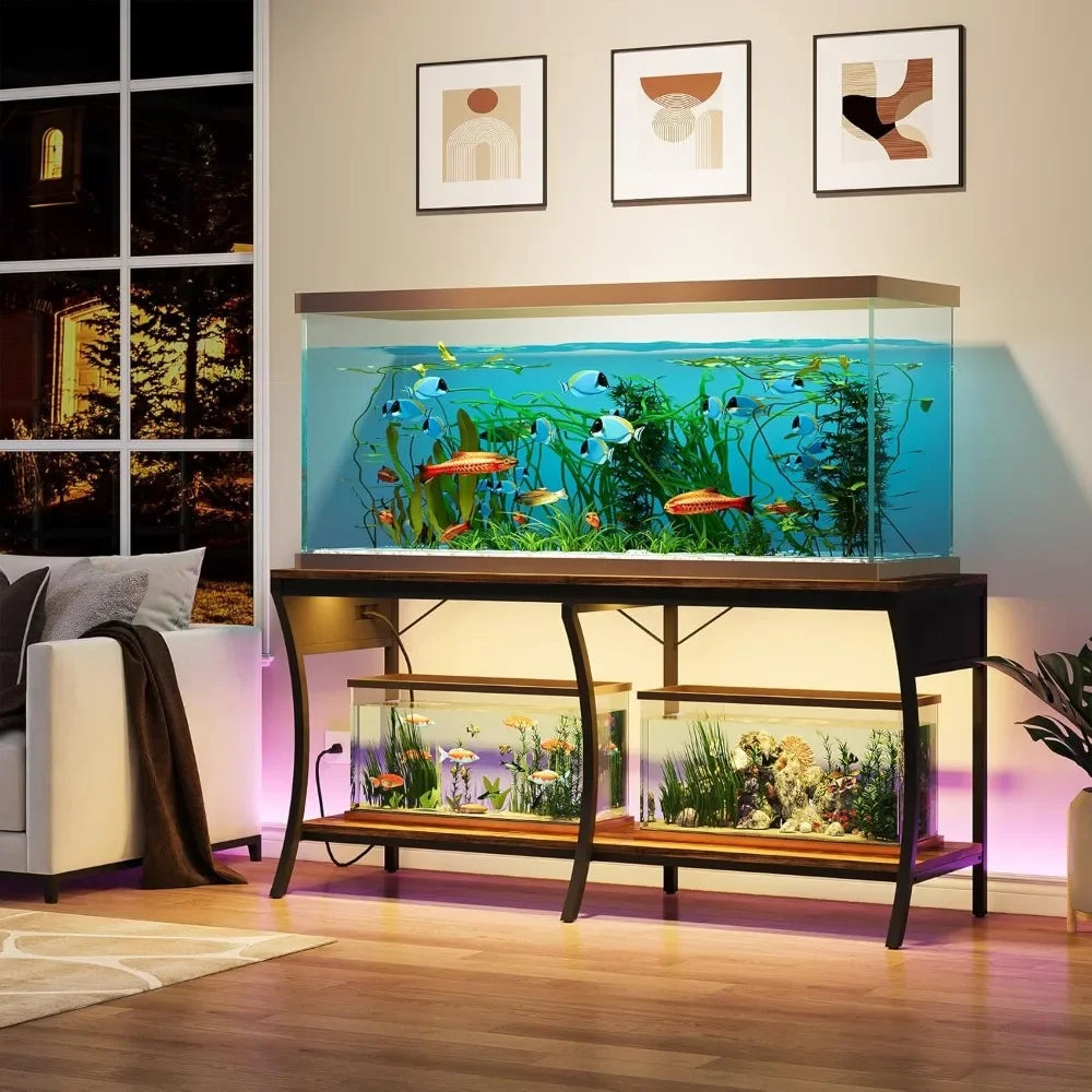 55-90 Gallon Fish Tank Stand, 2-Tier with LED Light & Power Outlets – Metal Frame for Aquarium or Reptile Use