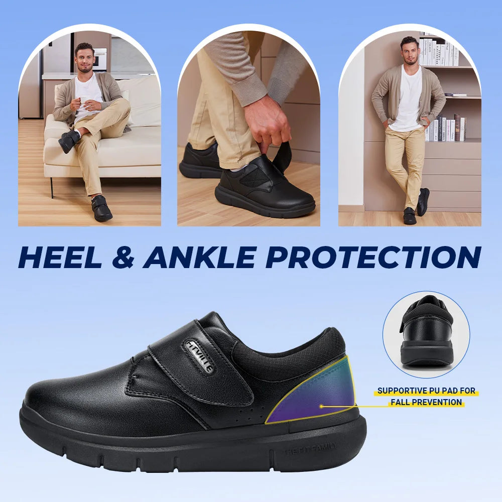 Extra Wide Men'S Diabetic Shoes Leather Walking Shoes For Elder Orthopedic Toes Swollen Feet Non-Slip With Arch Support