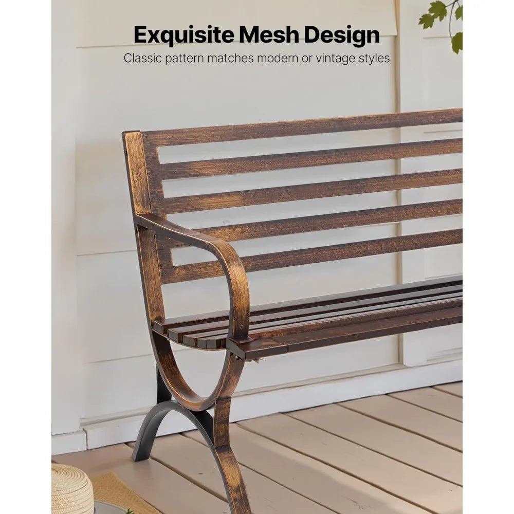 Outdoor Bench, 50 inch, Carbon Steel Metal Frame with Slatted Pattern Backrest and Round Edge Armrests, Weatherproof Outside Be