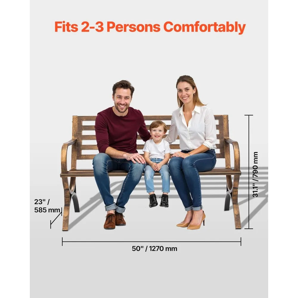 Outdoor Bench, 50 inch, Carbon Steel Metal Frame with Slatted Pattern Backrest and Round Edge Armrests, Weatherproof Outside Be