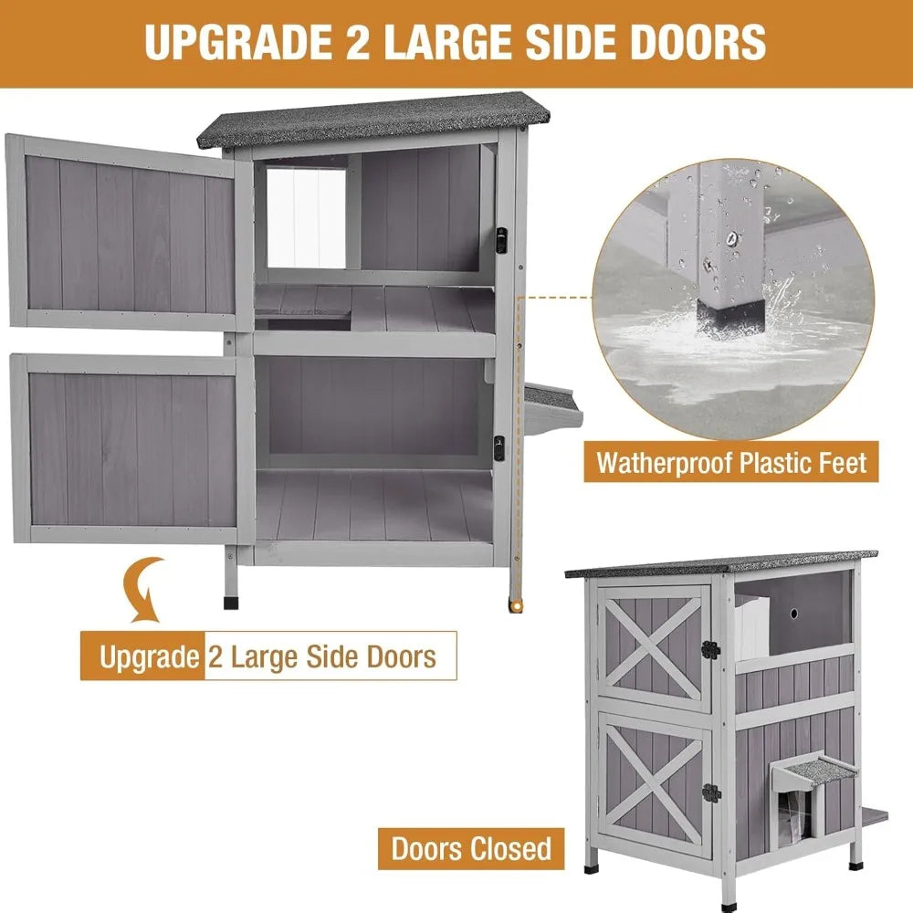 Cat House Feral Kitty Shelter Ourdoor & Indoor Cat Cage with Waterproof Roof, 2 Large Side Doors