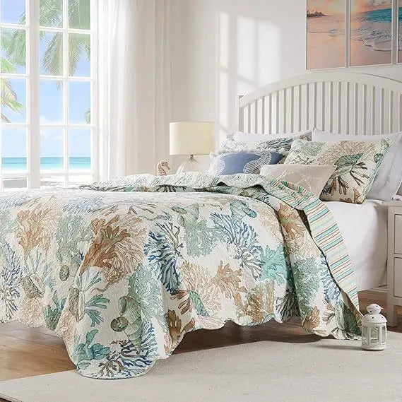 Coastal Sea Coral Pattern Reversible Quilt Set, 4-Piece, Twin/XL Size, Jade Green, Oversized Comfort