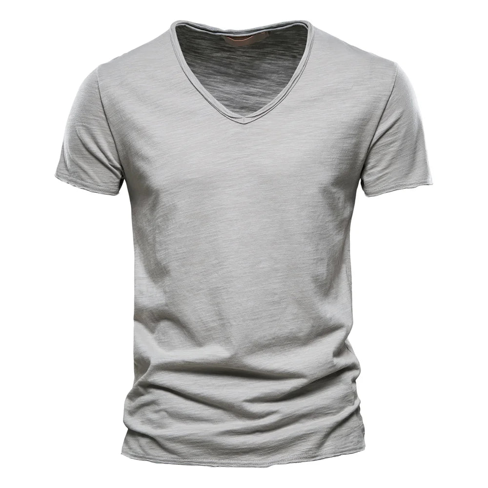 Brand Quality 100% Cotton Men T-shirt V-neck Fashion Design Slim Fit Soild T-shirts Male Tops Tees Short Sleeve T Shirt For Men