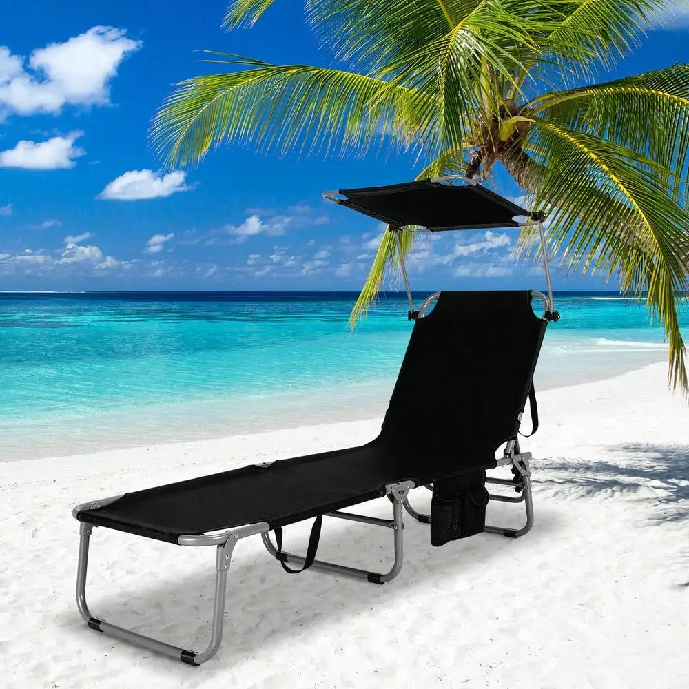 Foldable Lounge Chair Adjustable Outdoor Beach Patio Pool Recliner Black W/ Sun