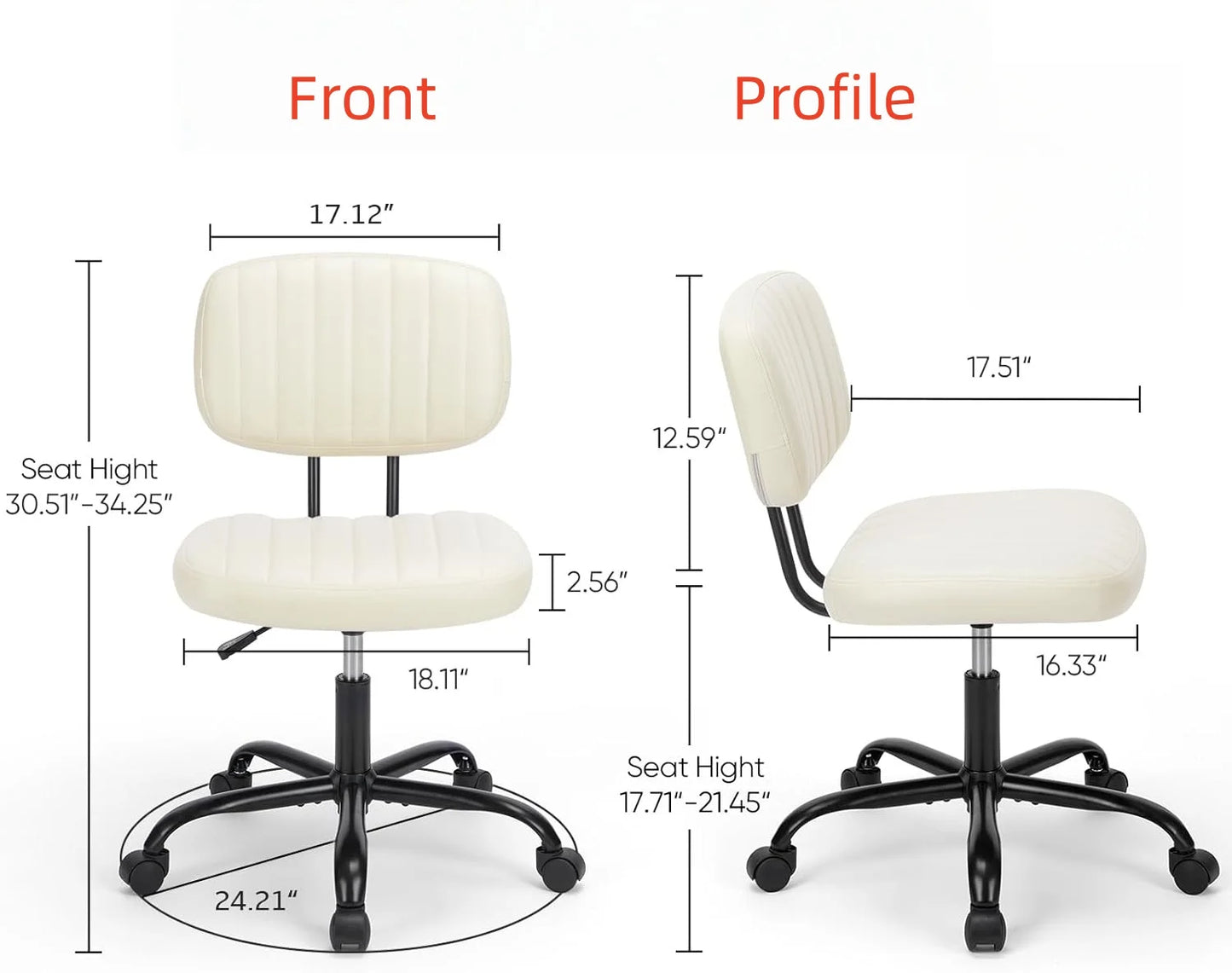 Armless Home Office Desk Chair -Small Ergonomic with Low Back Lumbar Support, Task with 360° Swivel Rolling Wheels