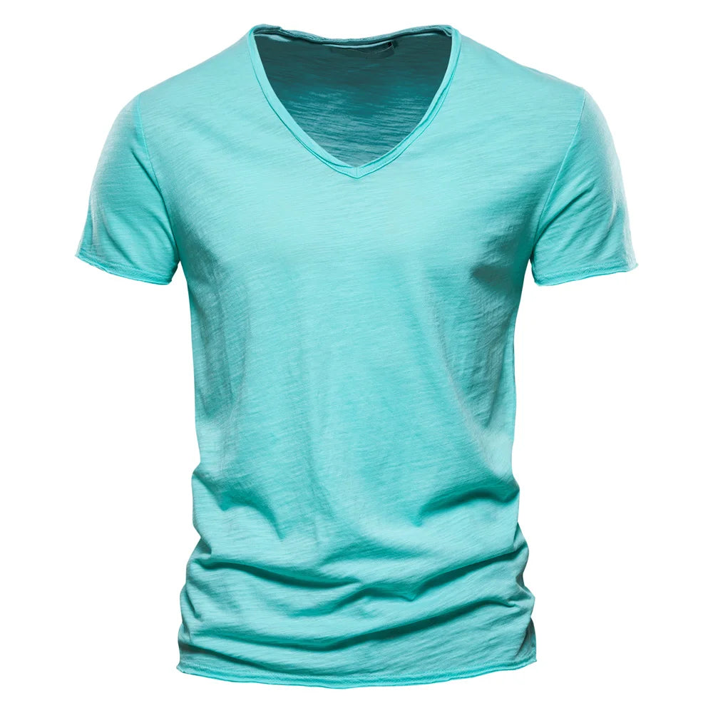 Brand Quality 100% Cotton Men T-shirt V-neck Fashion Design Slim Fit Soild T-shirts Male Tops Tees Short Sleeve T Shirt For Men