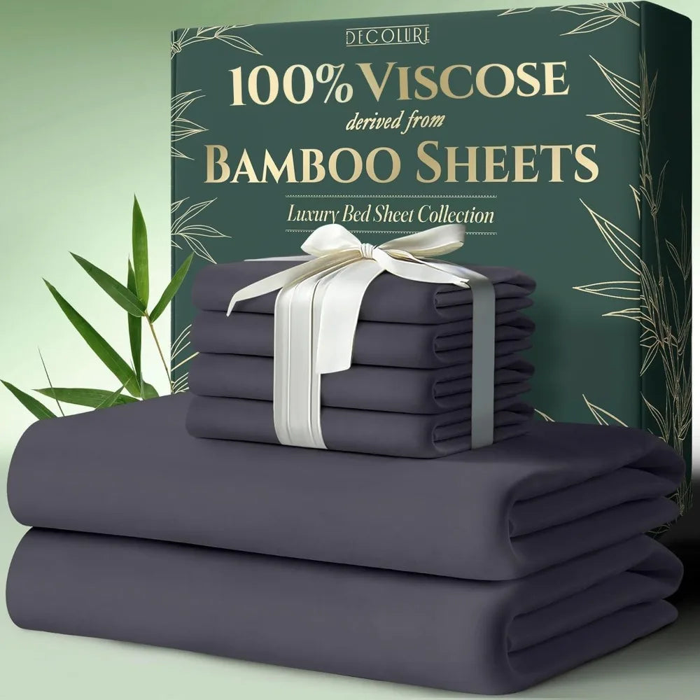 DECOLURE 100% Viscose Derived from Bamboo Sheets King Size 6pcs - Ultra Soft & Luxuriously Cooling, 17 Deep Pocket, Double Stitc